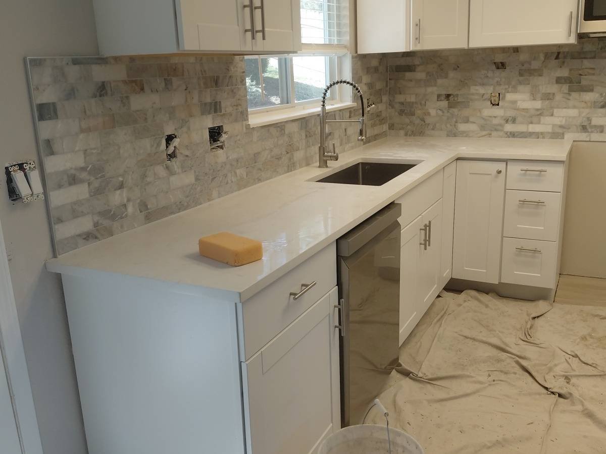 Marble subway backsplash, Boise